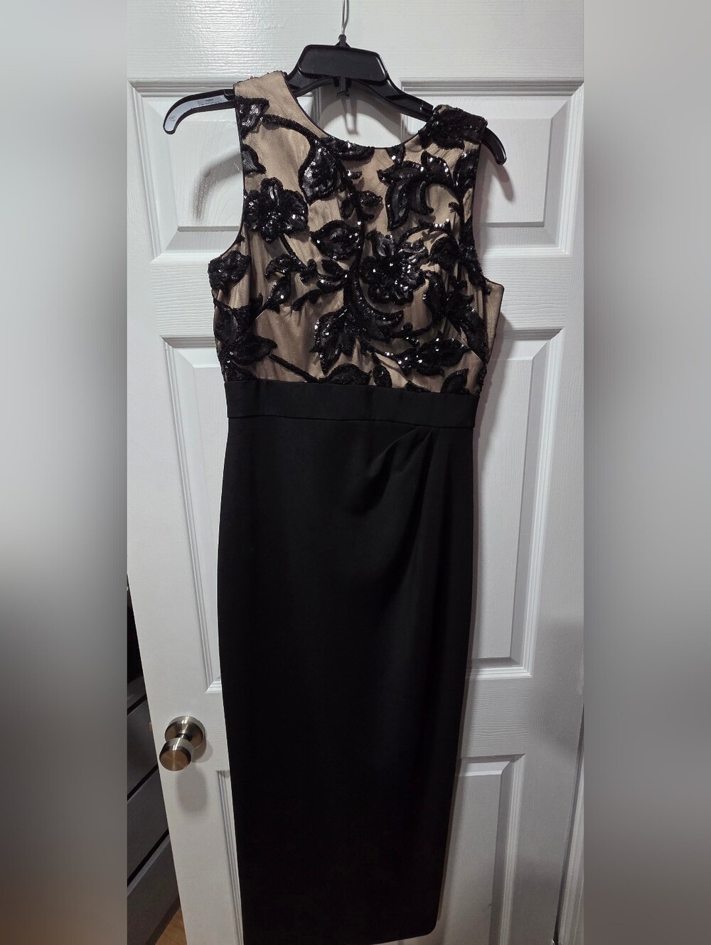 Vince Camuto Black Midi Dress with Nude Sequin Floral Bodice, Size 8